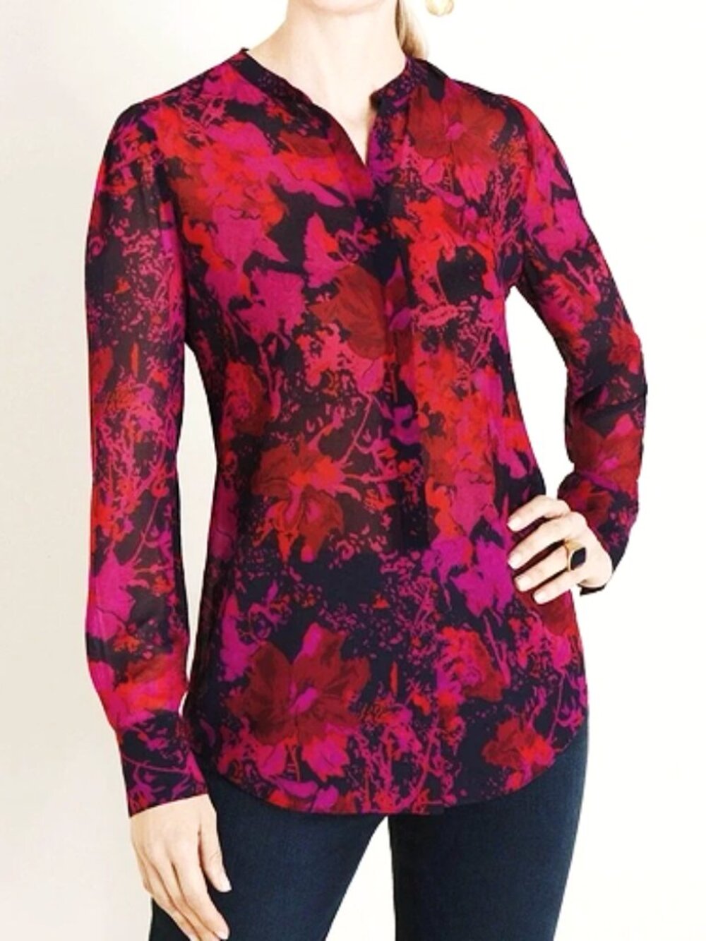 Chico's Semi Sheer No Collar Hidden Button Blouse size 1